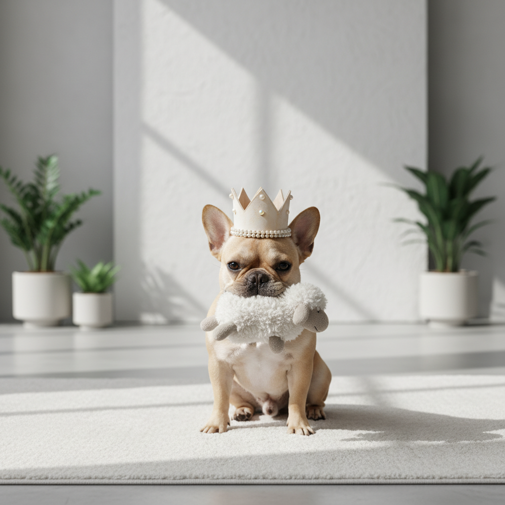 왕관 모양의 파티 모자를 쓰고 하얀색 카펫 위에 앉아 인형 선물을 입에 물고 있는 프렌치 불독의 미니멀하고 감성적인 인테리어 화보 스타일 사진